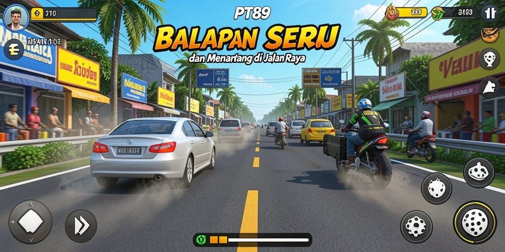 Gameplay seru PT89 dengan balapan yang mendebarkan dan mobil yang bertenaga.